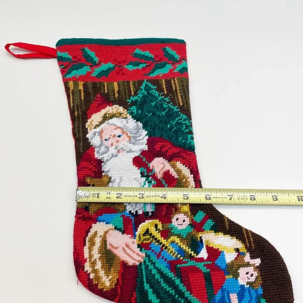 Vintage Needlepoint Wool Christmas Stocking Santa Bag of Toys